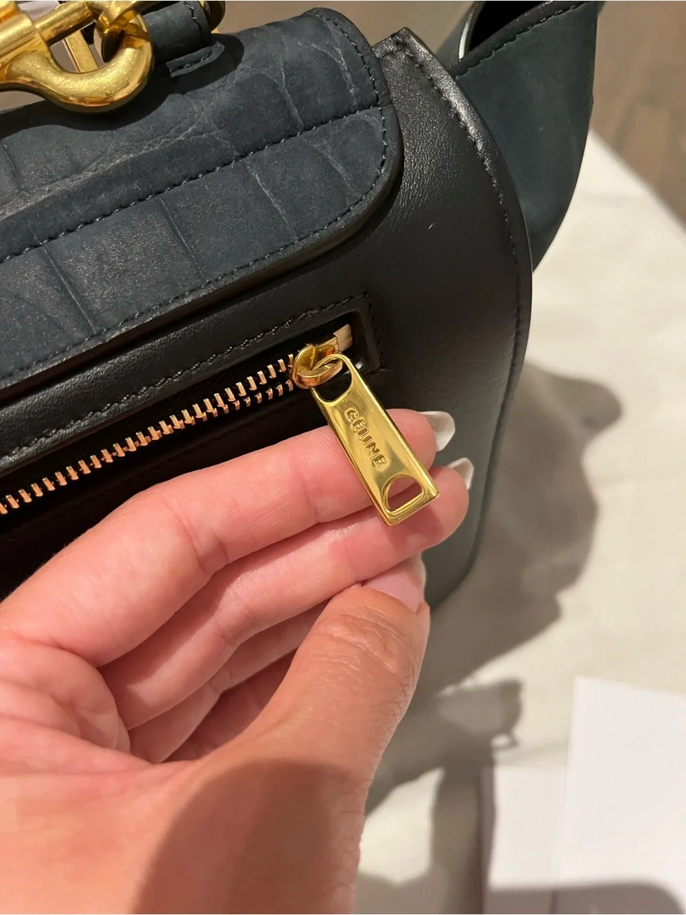 Celine Trapeze Croc-Embossed Leather Shoulder Bag